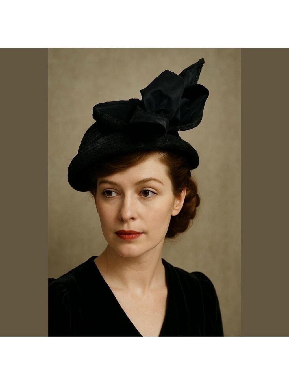 40s BLACK WOVEN SKULL CAP W WIDE GROSGRAIN SHAPABLE DRAMATIC RIBBON BOW W BORDER
